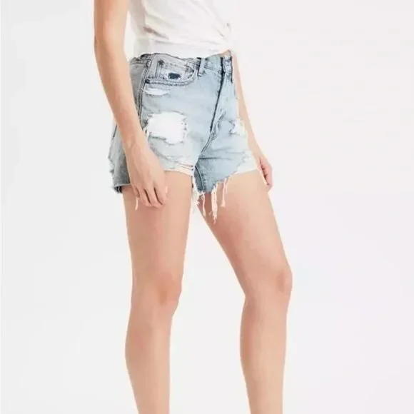 American Eagle Destroyed 90’s Rigid Boyfriend Denim Shorts - Sz 0 - Picture 4 of 8